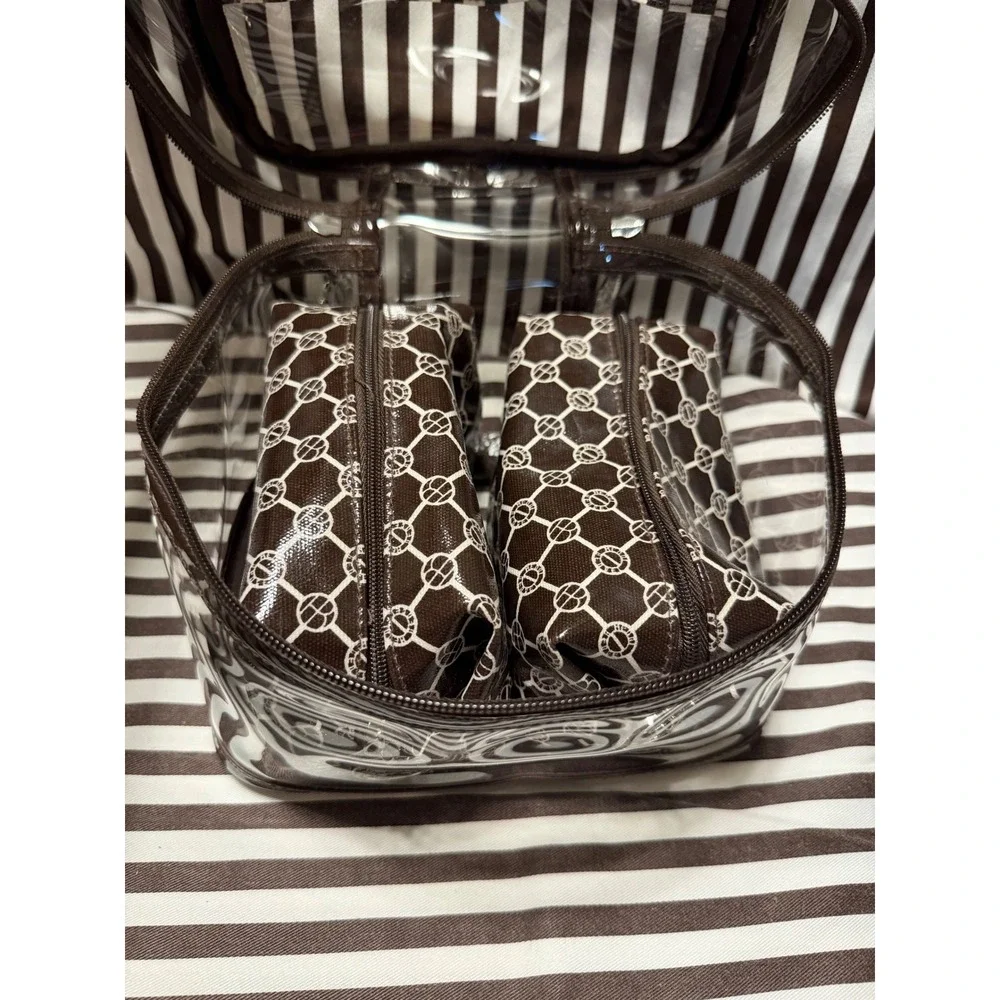 Henri Bendel Clear 3 Piece Cosmetic Case Set Brown White Striped Travel Bag